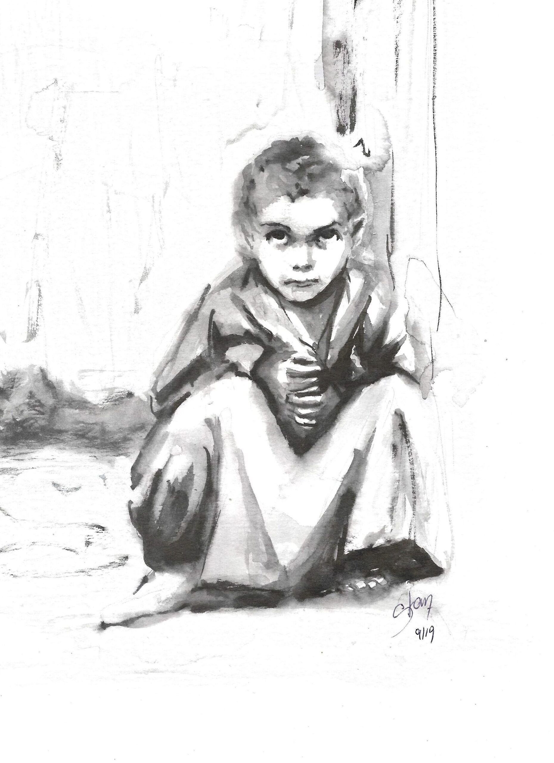 Portrait d'un jeune garçon des rues triste, assis sur un trottoir. Noir et  blance, encre de chine technique humide.