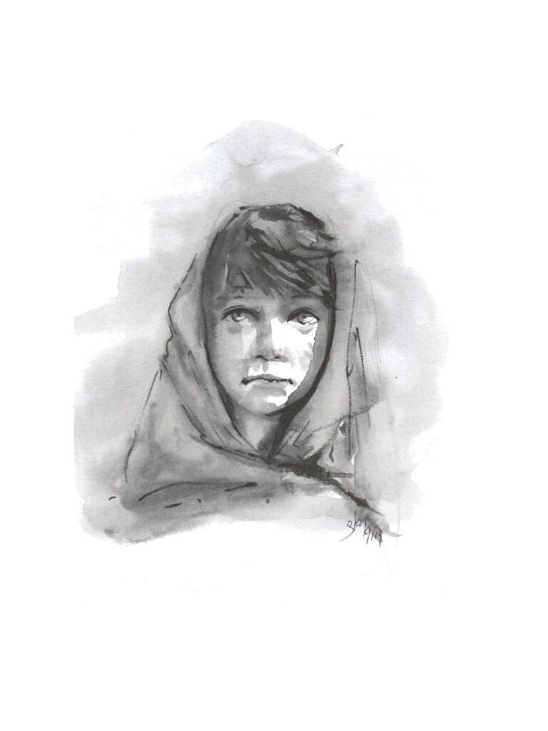 Portrait d'un enfant en pleurs dans la rue. Noir et blanc à l'encre de chine - technique aquarelle humide.