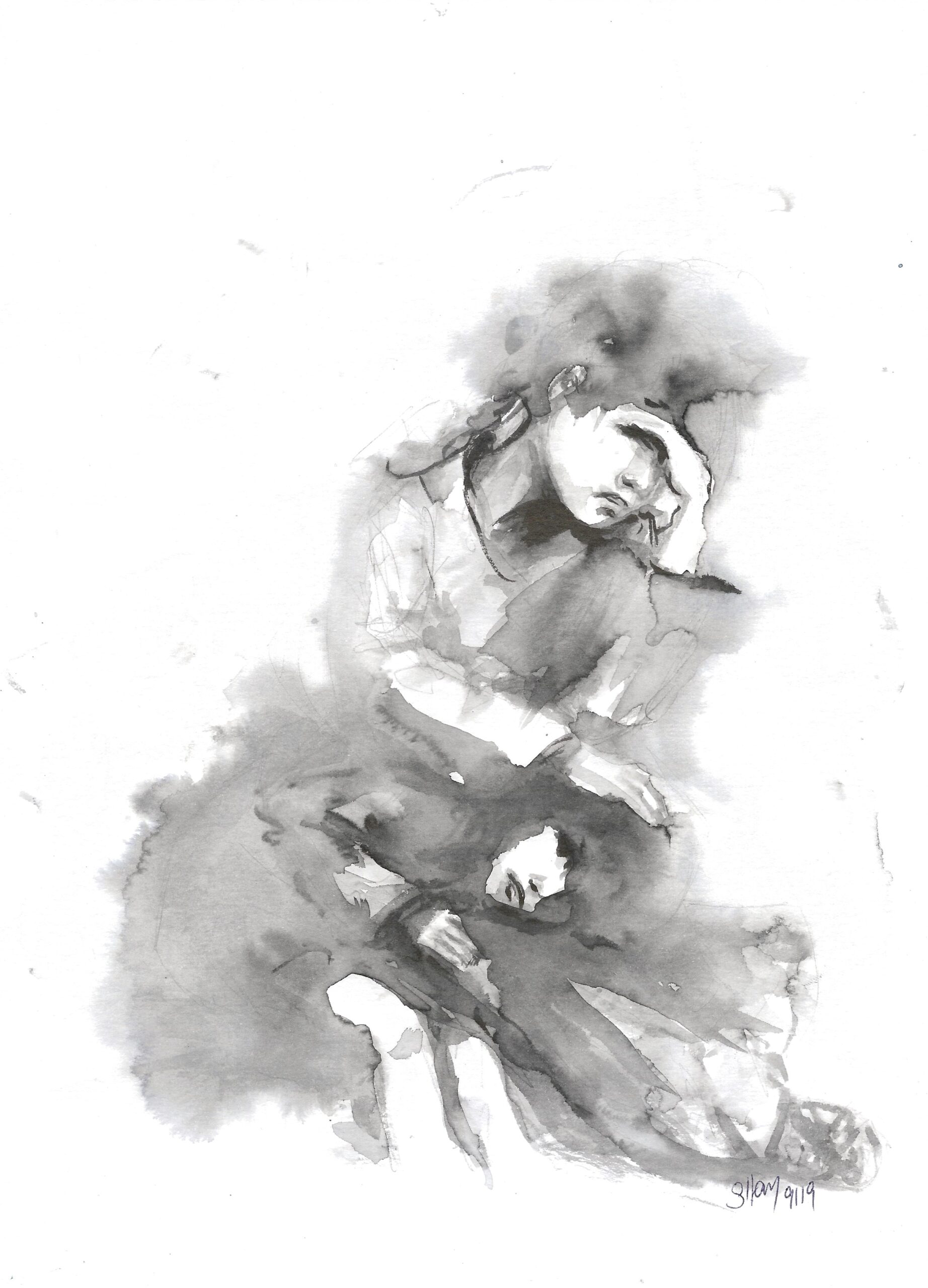 Dessin en noir et blanc - technique humide- représentant des enfants des rues