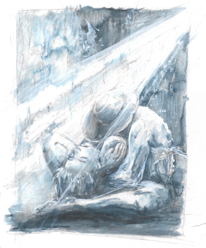 Illustration gris bleutée - deux personnages enlacés - technique aquarelle humide.
