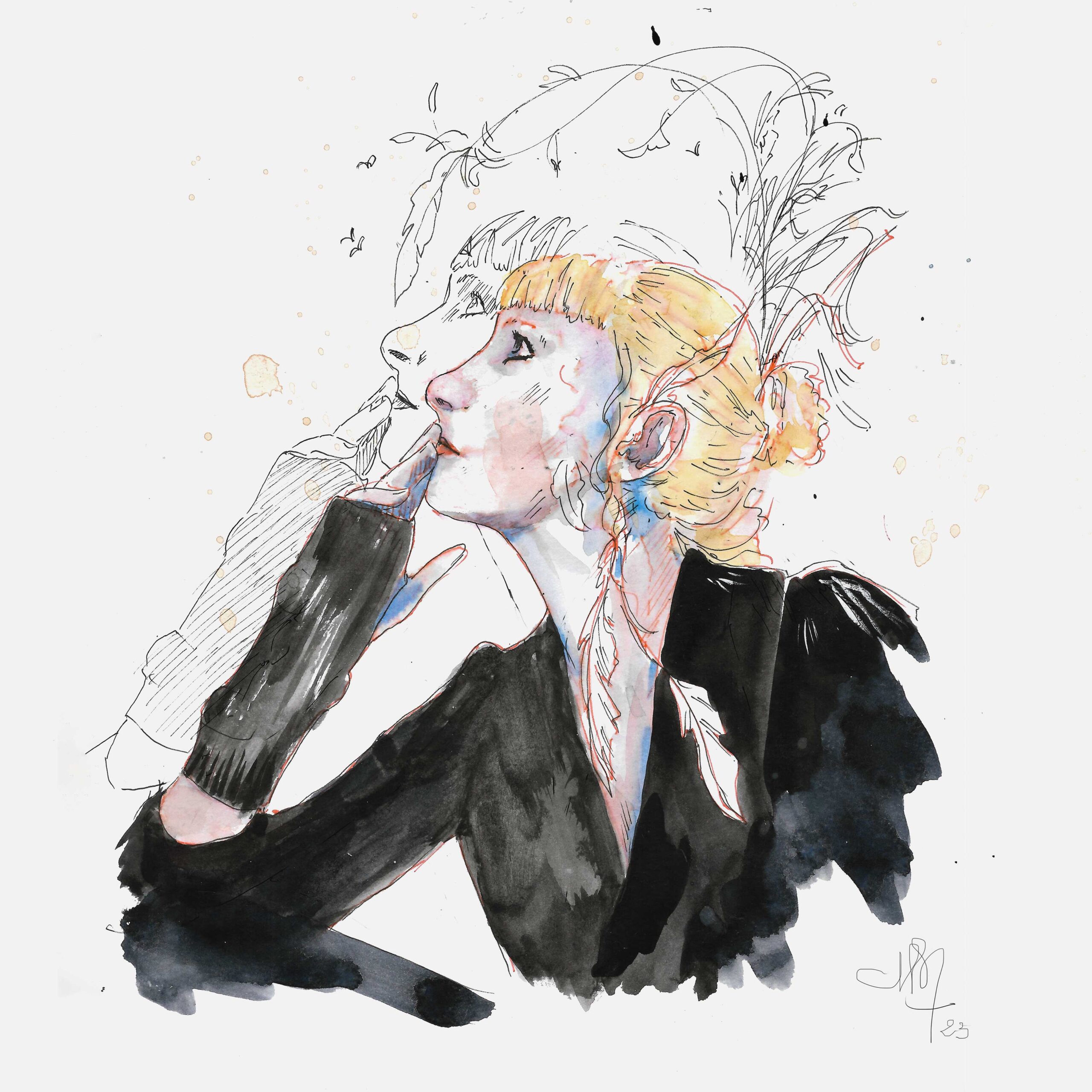 Dessin en couleur à l'aquarelle d'une femme blonde de profil