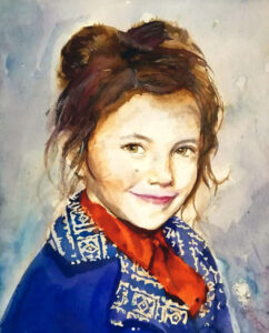 portrait à l'aquarelle d'une enfant de 7 ans.