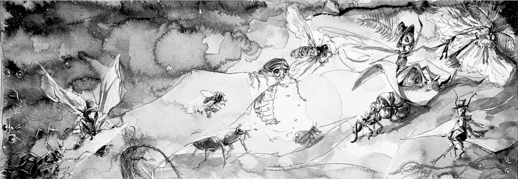 Bandeau Sommaire de la revue l'Ampoule, en noir et blanc, représentant des insectes dans un grenier prenant leur envol. Ambiance fantastique et baroque.
