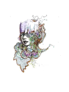 Dessin de la série Cornéa Guttata représentant une visage maqué par un filet.