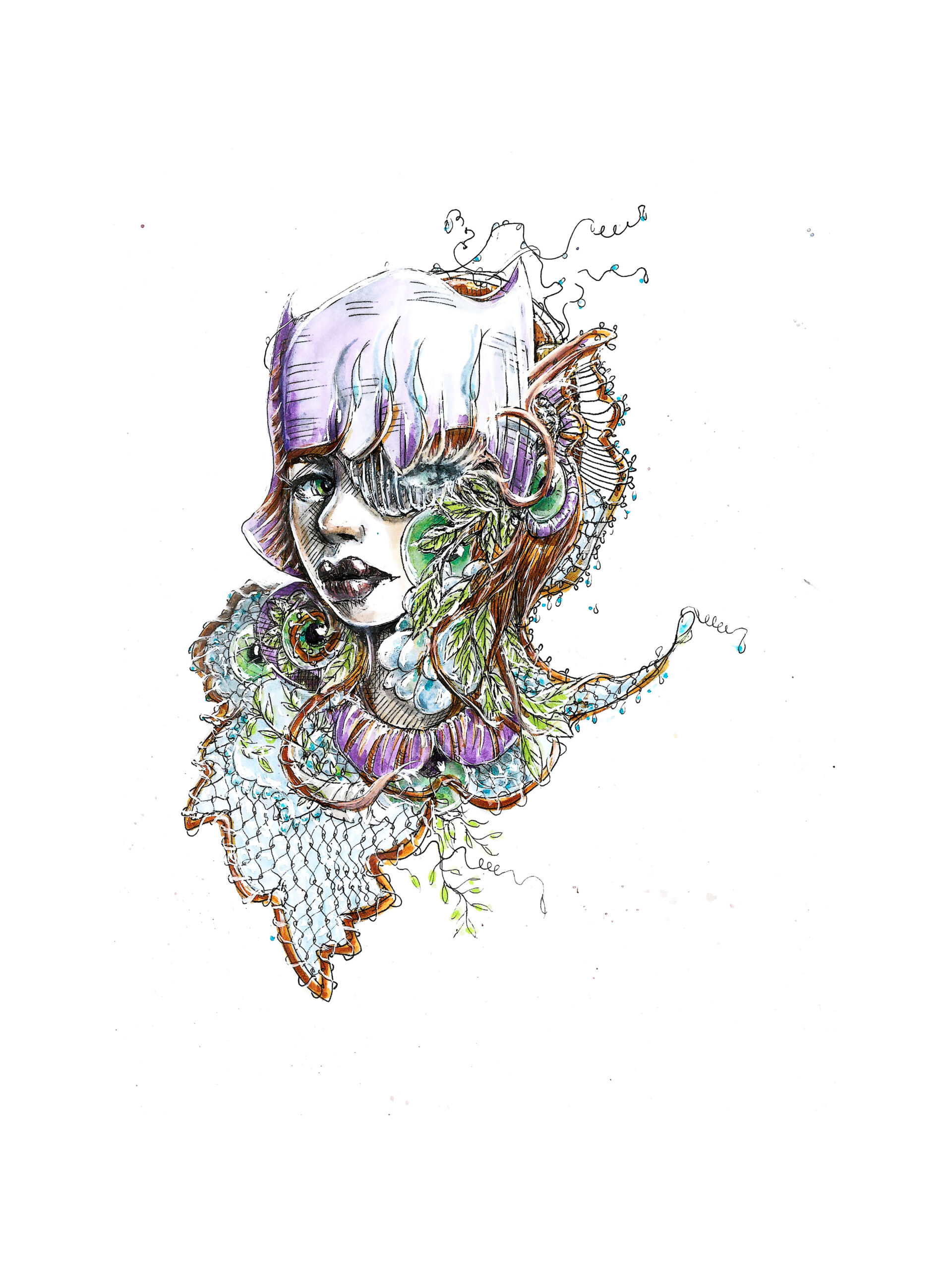 Dessin de la série Cornéa Guttata représentant une visage maqué par un filet.