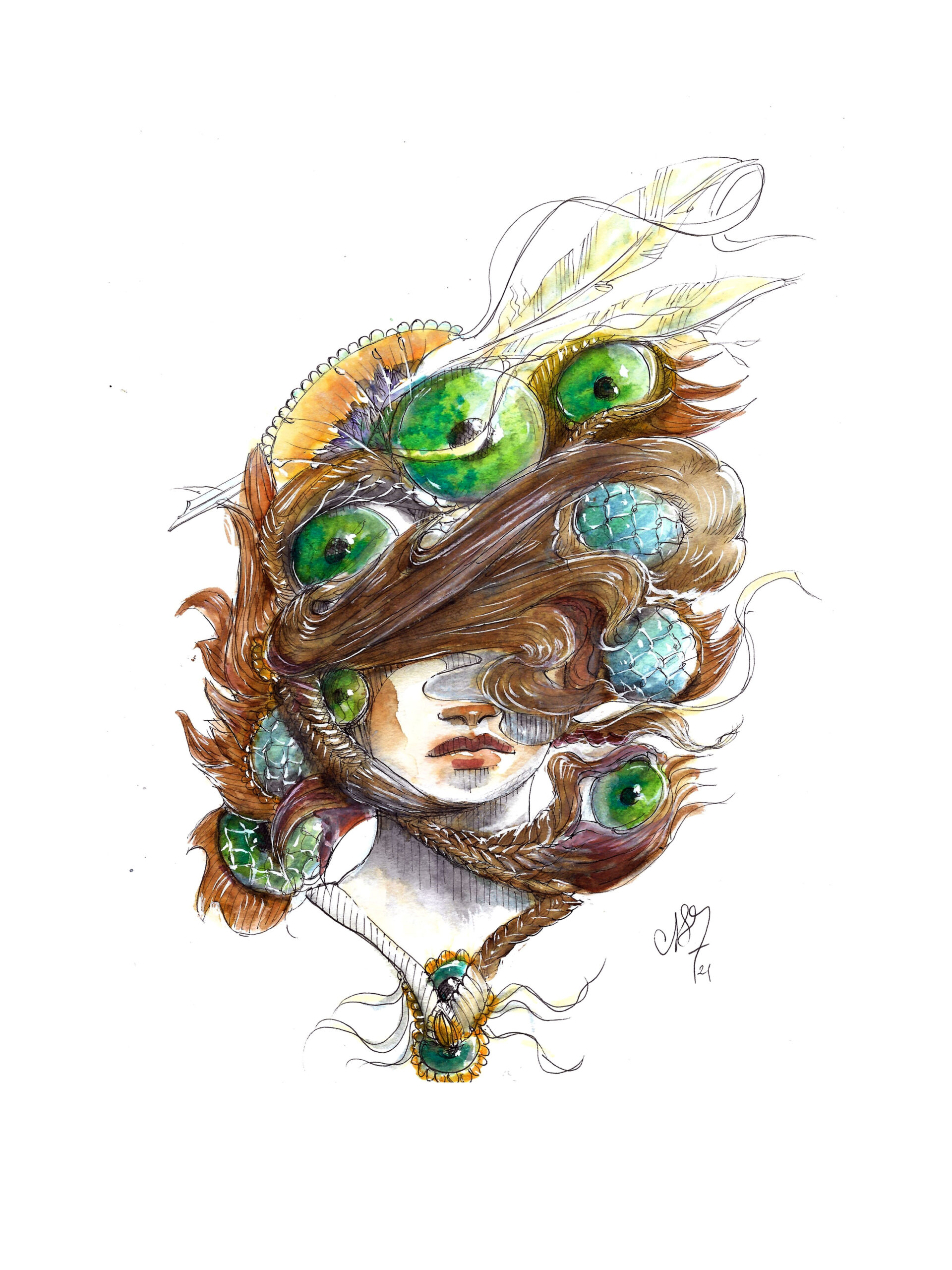 Portrait surréaliste d'une femme à la frange entremêlée de gouttes d'eau et d'yeux