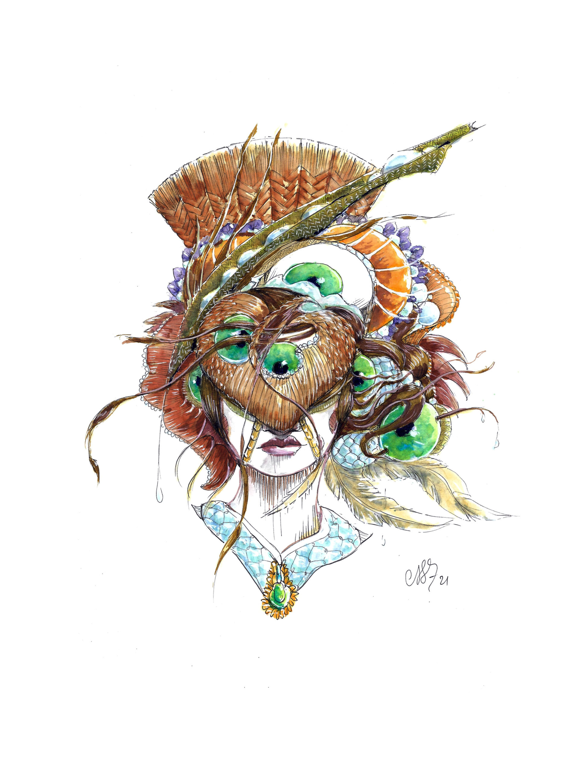 Portrait surréaliste d'une femme à la coiffure exubérante en lien avec la cornéa guttata