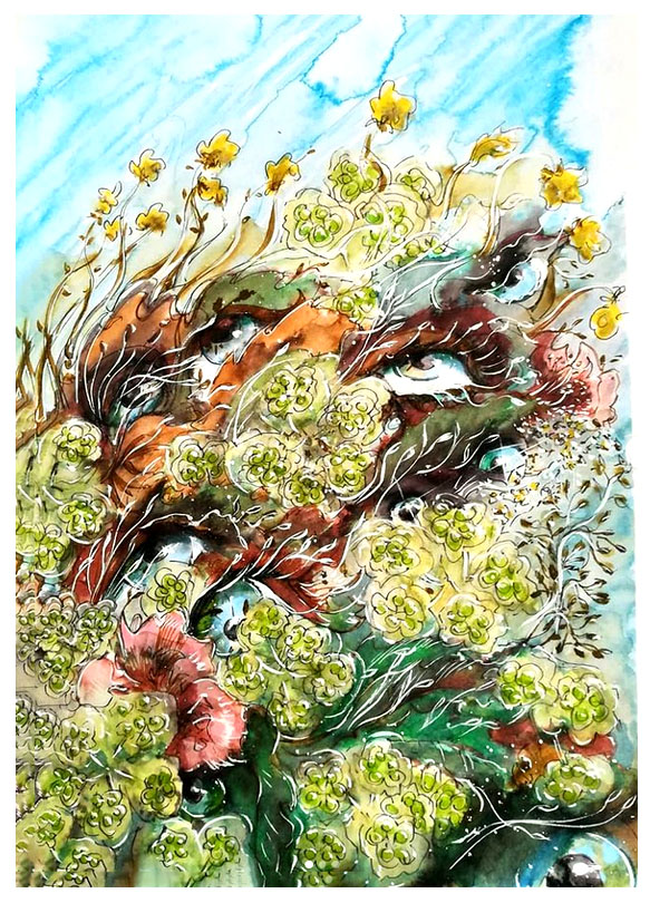 Dessin d'un paysage imaginaire avec des yeux camouflés dans les fleurs - Cornéa guttata