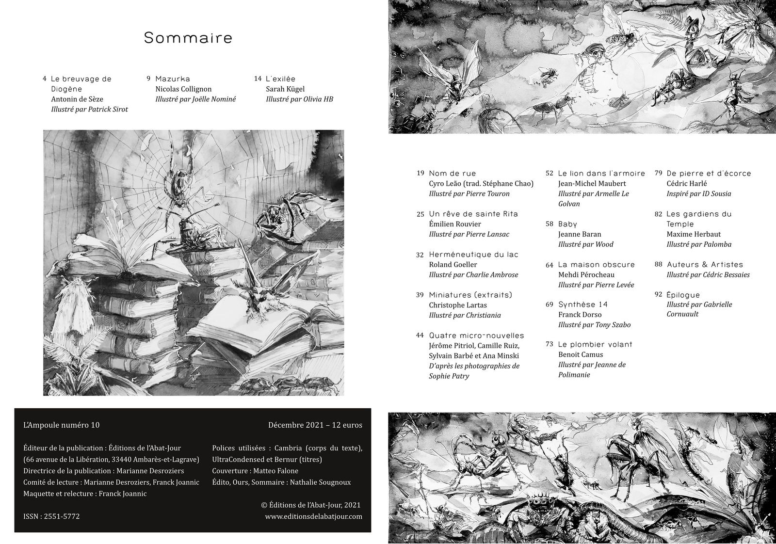Maquette double du sommaire de la revue l'Ampoule, Hors série N°10. Noir et blanc. Représentant plusieurs insectes prenant leur envol dans une ambiance fantastique et baroque.