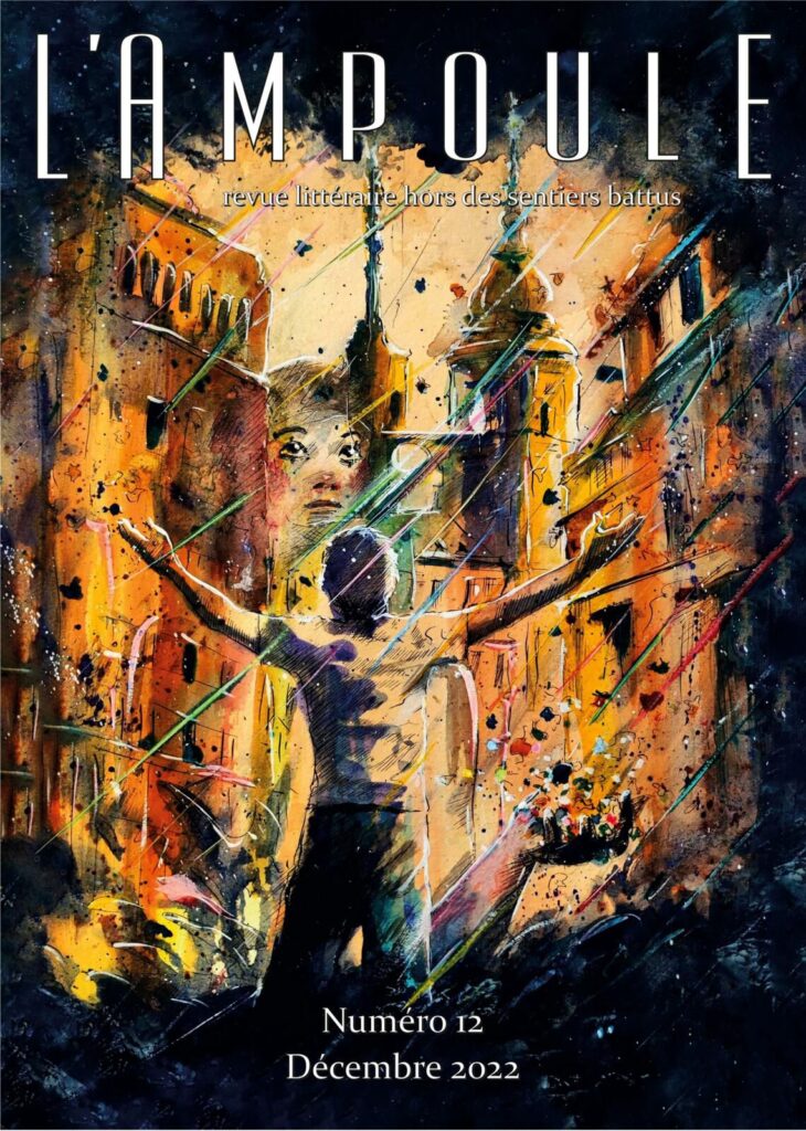 Couverture du Hors série de la revue l'Ampoule N°12- Illustration pleine page en couleur, personnage dans la ville, ambiance fantastique. Couleurs dominantes chaudes.