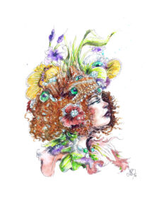 Portrait surréaliste d'une femme à la coiffure fleurie et ornée d'yeux verts
