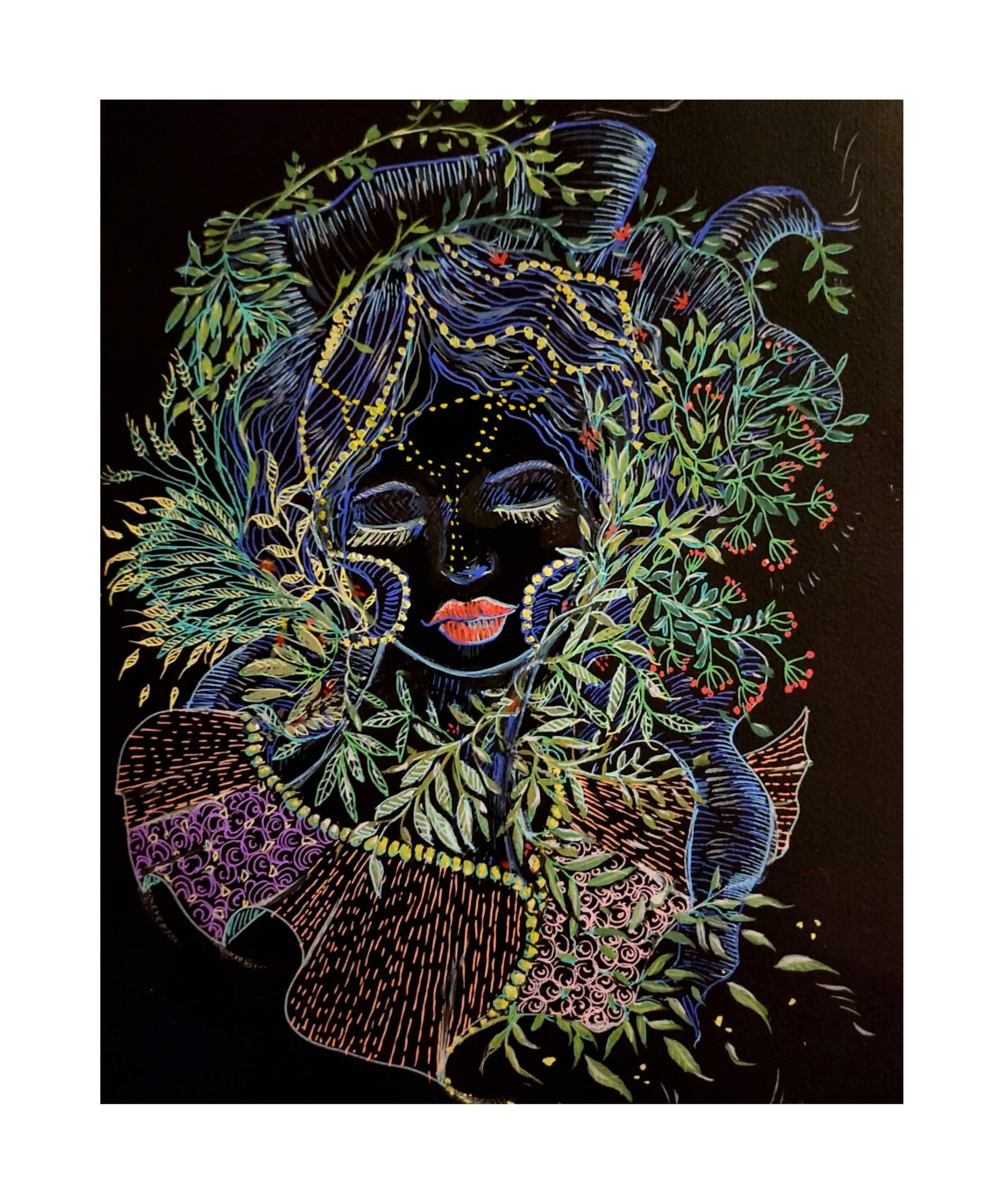 Dessin à la gouache sur fond noir - portrait fantaisiste