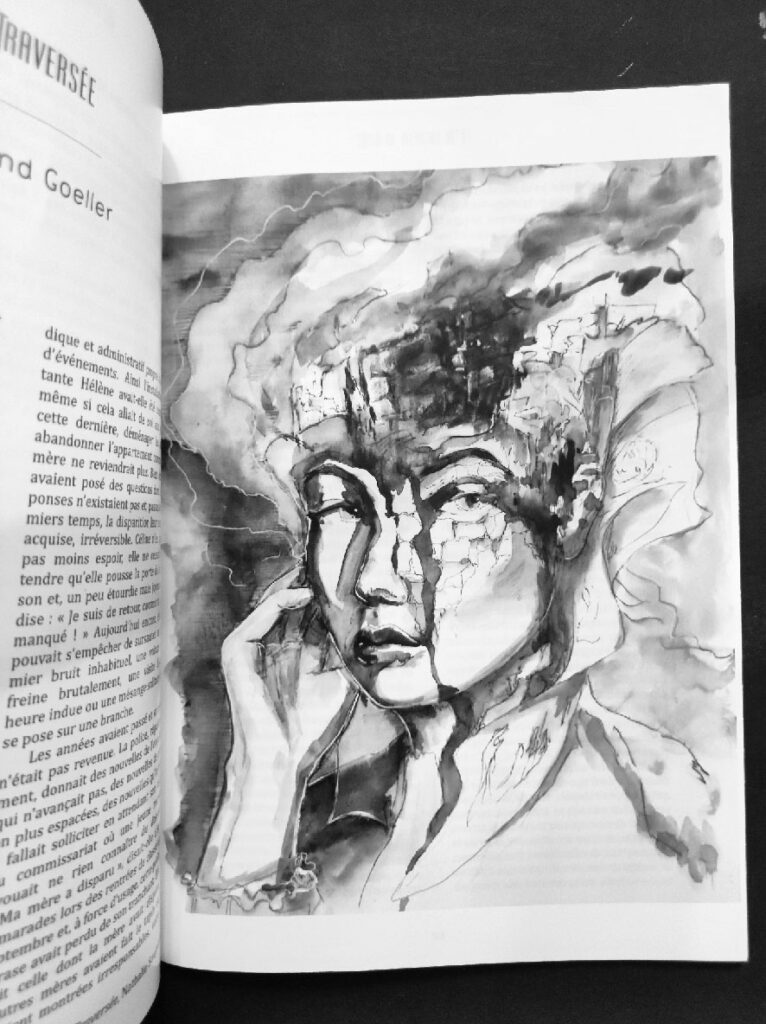 Photo noir et blanc de la double page illustrée - portrait fantastique noir et blanc - femme au visage fracturé.