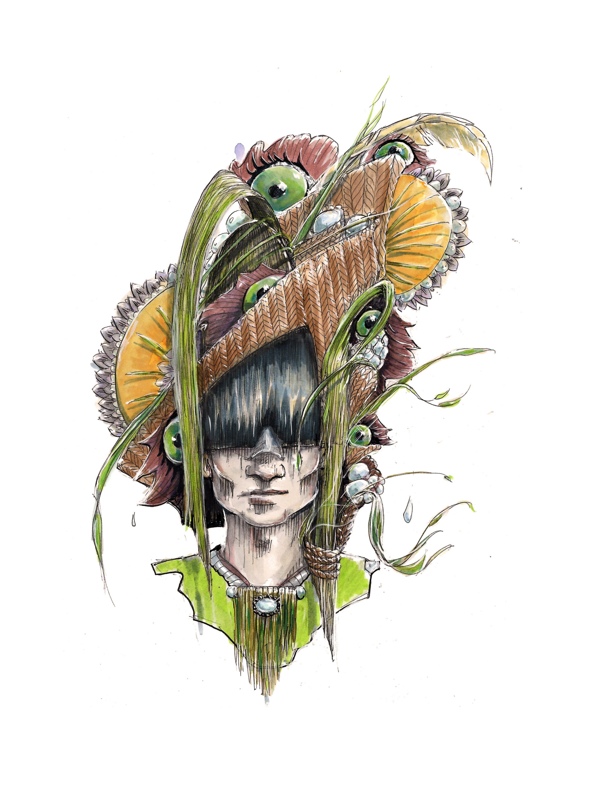 Dessin d'un personnage maya au visage masqué par une frange épaisse. Série Cornéa Guttata