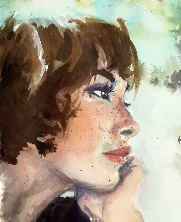 portrait à l'aquarelle d'une femme rêveuse, de profil.