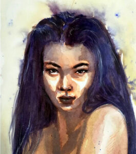 Portrait d'une jeune femme asiatique à l'aquarelle et à l'encre de Chine sépia.