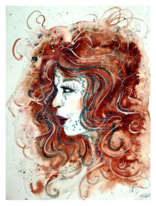 portrait à l'encre sépia, d'une jeune femme rousse, aux cheveux longs. Représentant le féminin pluriel
