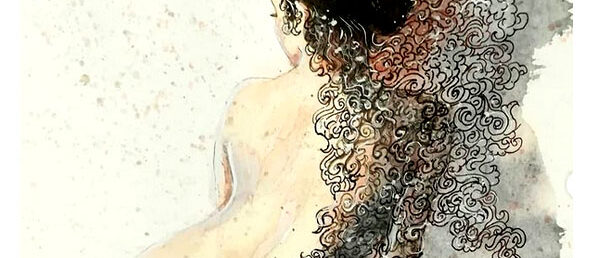 dessin de femme nue de dos - assise- aquarelle et arabesques à l'encre de Chine