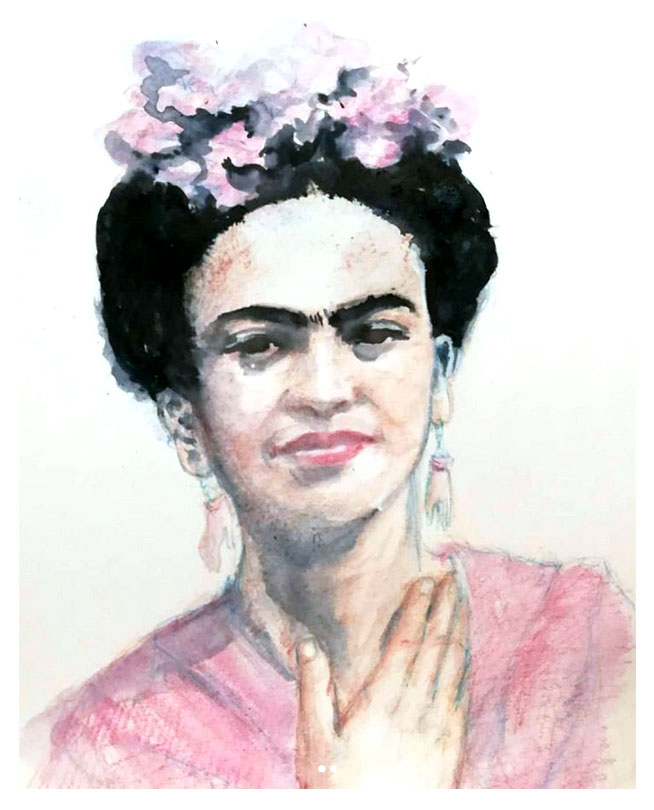 Portrait de Frida Kahlo à l'aquarelle et aux crayons de couleur