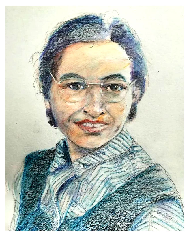 Portrait de Rosa Parks au crayons de couleur pour portraits inattendus.