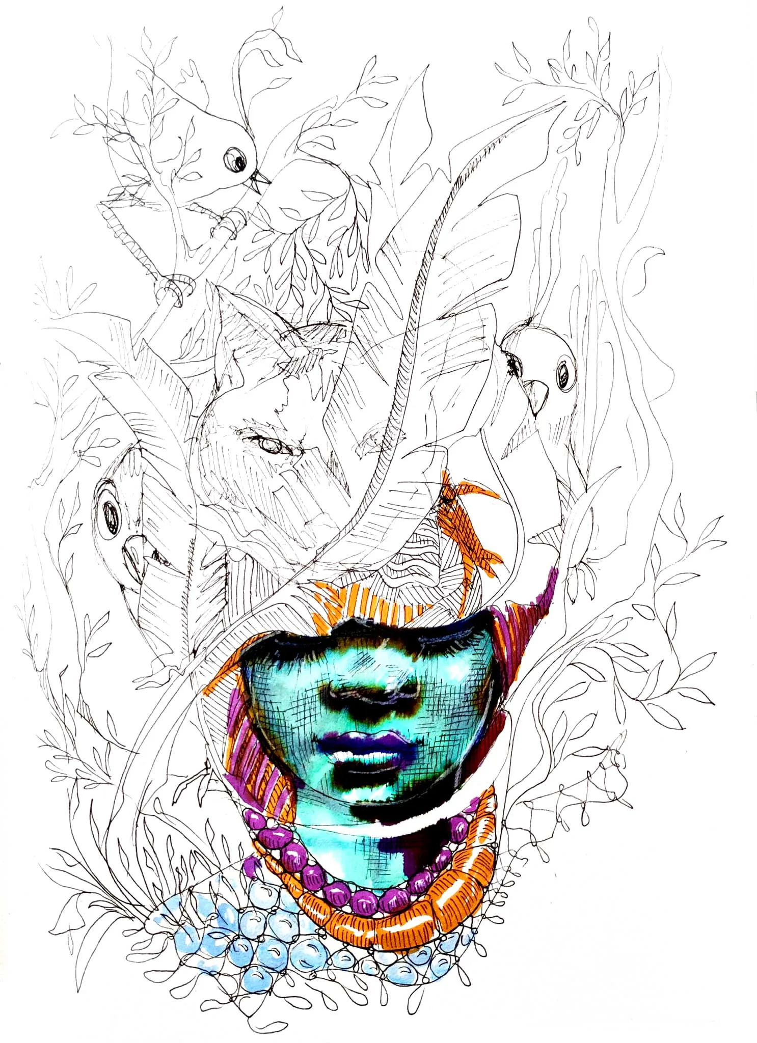 Dessin à l'encre de chine et au feutre d'un personnage entouré de feuillages stylisé.