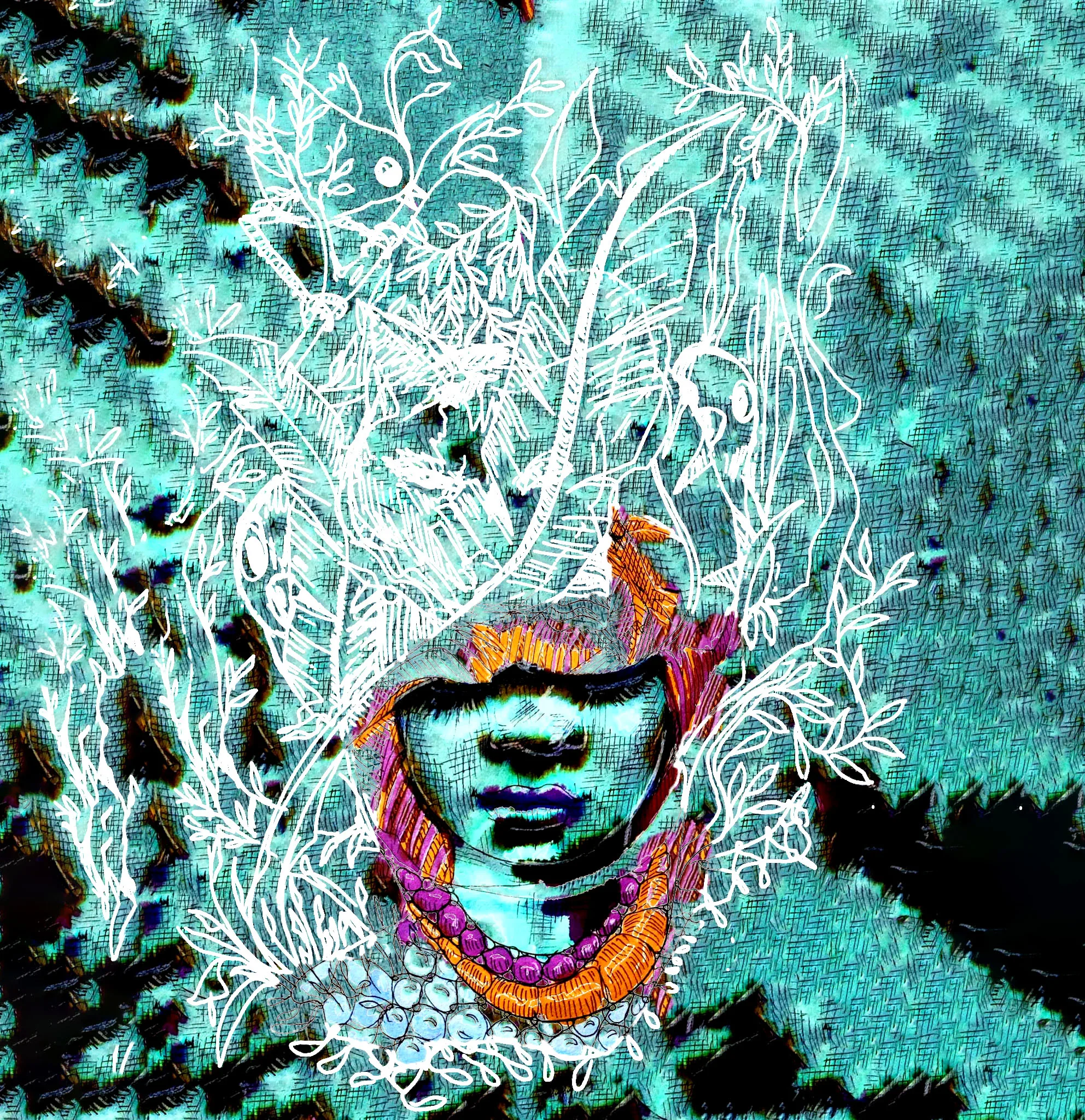 Portrait surréaliste d'un personnage entouré de feuillages